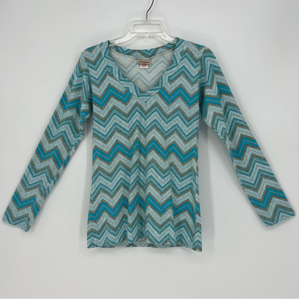 BedHead Woman's Pajama Top Medium Long Sleeve V-Neck Blue Chevron Stretch